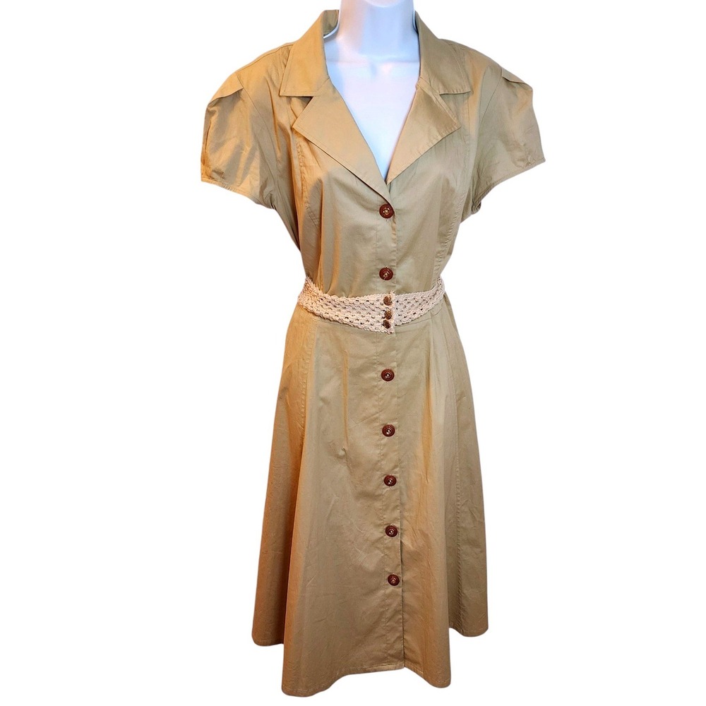 Liz Claiborne Khaki Cotton Button Front Shirt Dress with Crochet Belt Womens 16